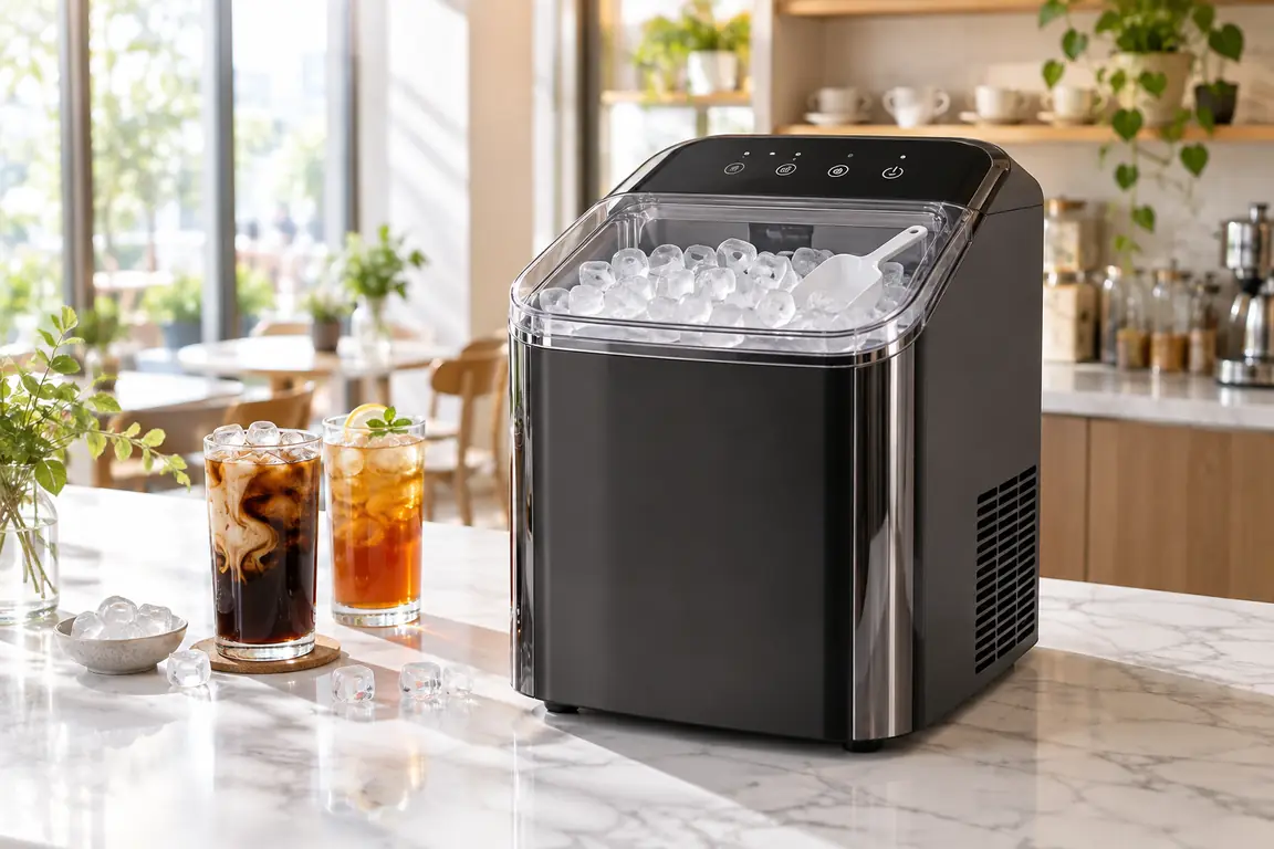 YH515 High-Output Bullet Ice Maker on a kitchen counter with iced coffee and iced tea