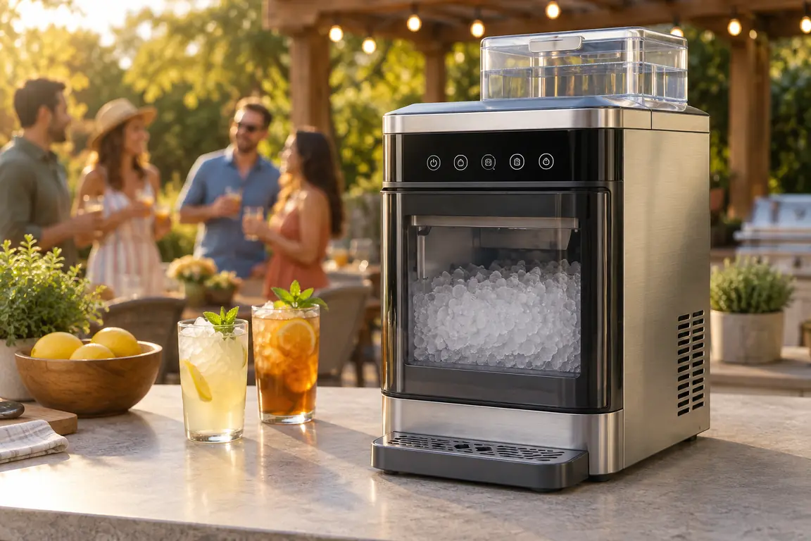 YH6038 Top-Tank Nugget Ice Maker at an outdoor party with lemonade and iced tea