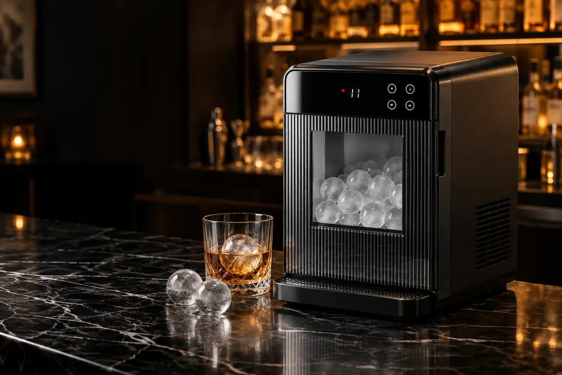 YH1800 Quad Sphere Ice Maker on a marble home bar beside a glass of whiskey